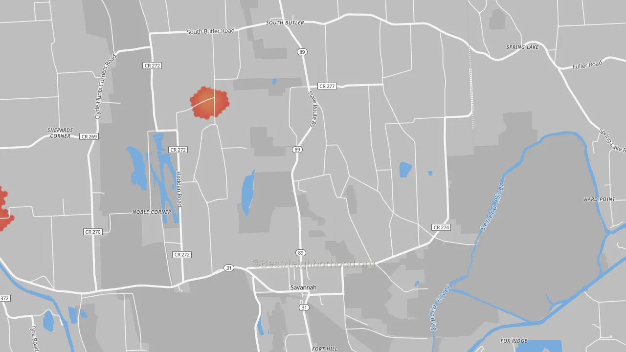 Walk Grade map of 13146, NY, walkable areas in green and car-dependent areas in red