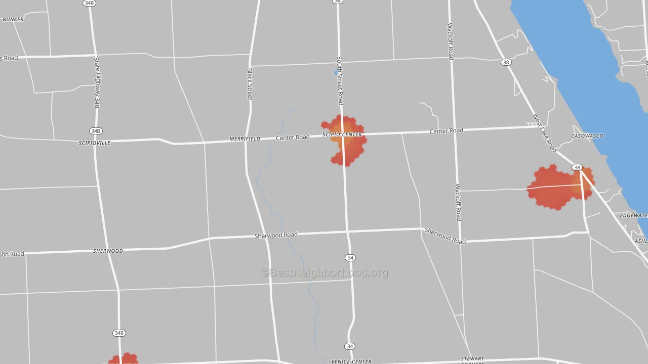 Walk Grade map of 13147, NY, walkable areas in green and car-dependent areas in red
