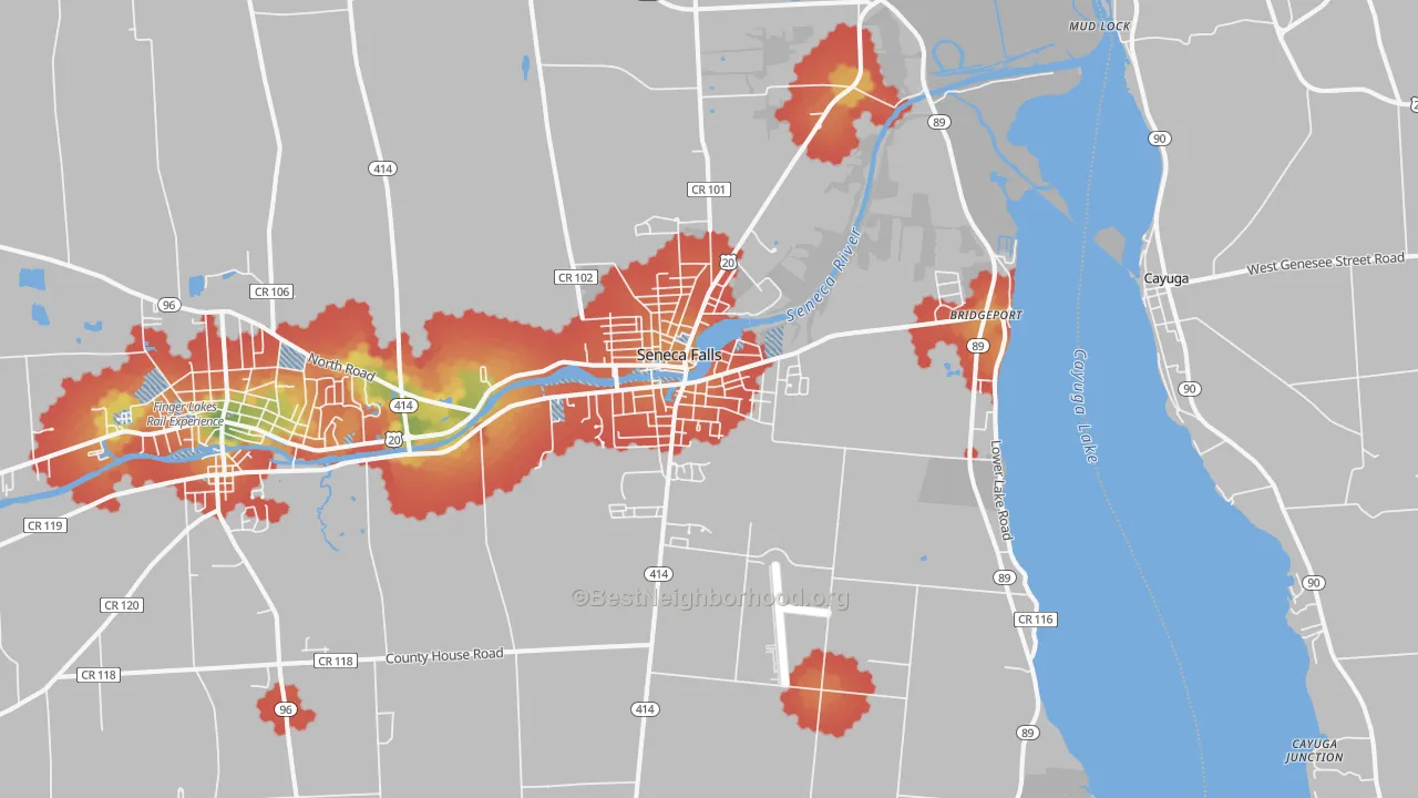 Walk Grade map of 13148, NY, walkable areas in green and car-dependent areas in red