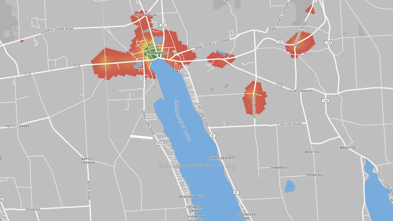 Walk Grade map of 13152, NY, walkable areas in green and car-dependent areas in red