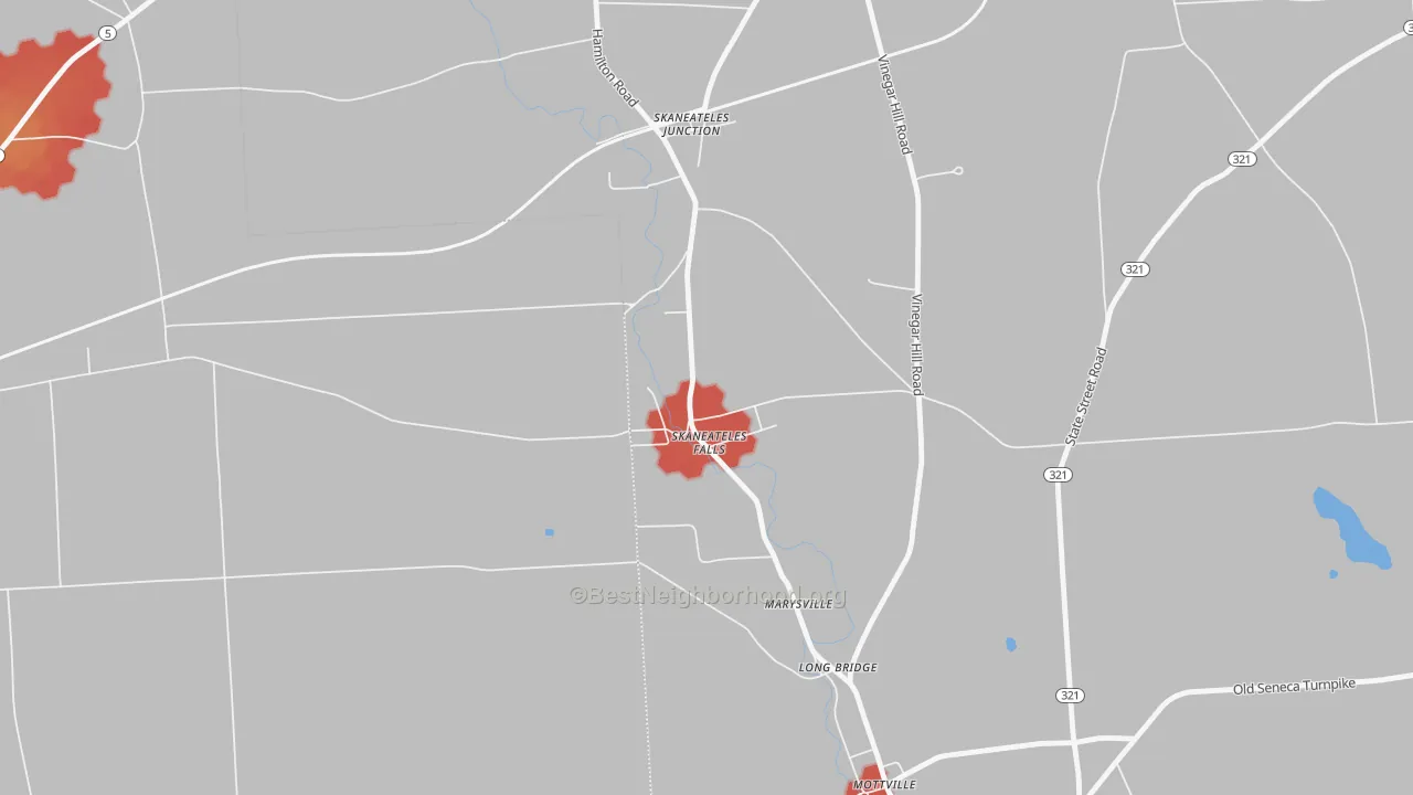 Walk Grade map of 13153, NY, walkable areas in green and car-dependent areas in red