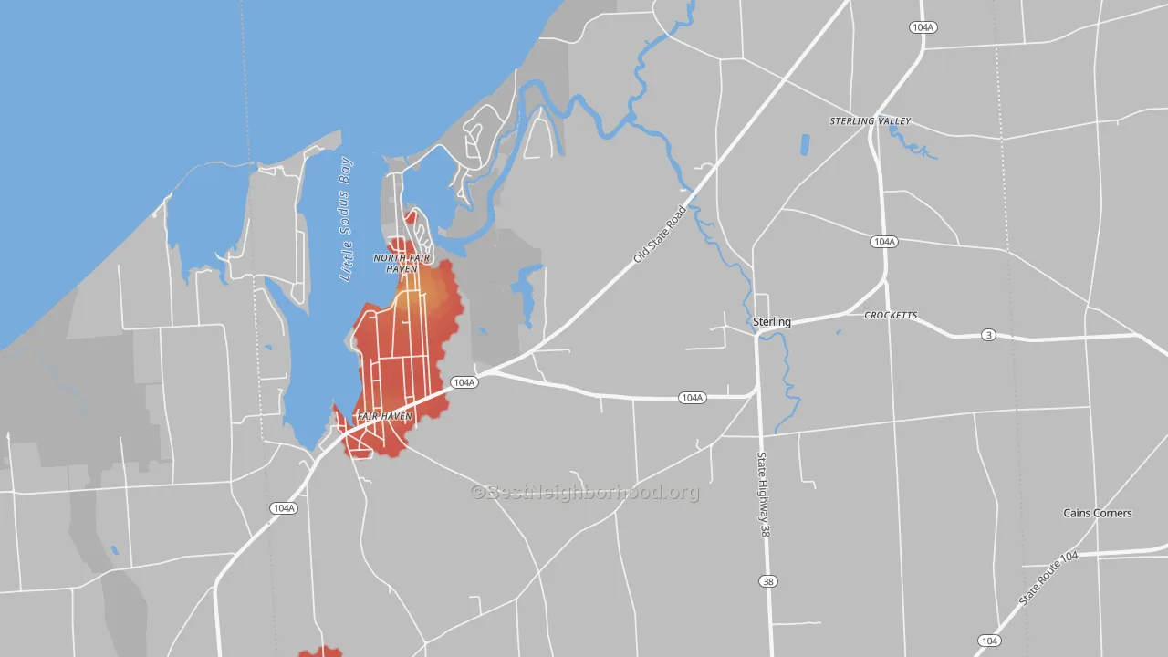 Walk Grade map of 13156, NY, walkable areas in green and car-dependent areas in red