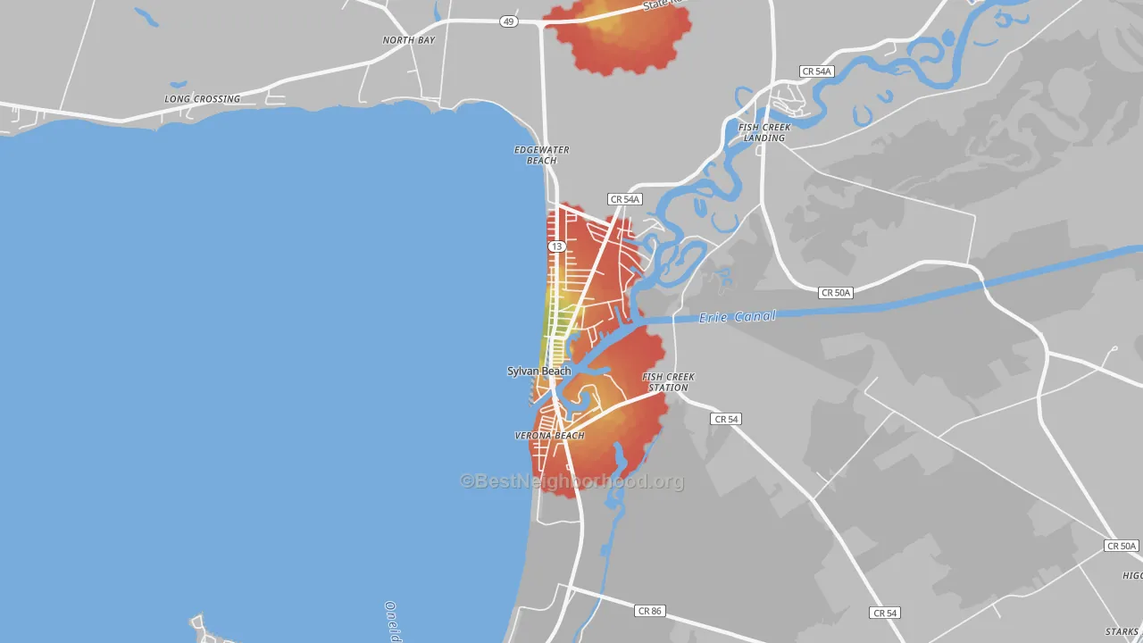 Walk Grade map of 13157, NY, walkable areas in green and car-dependent areas in red