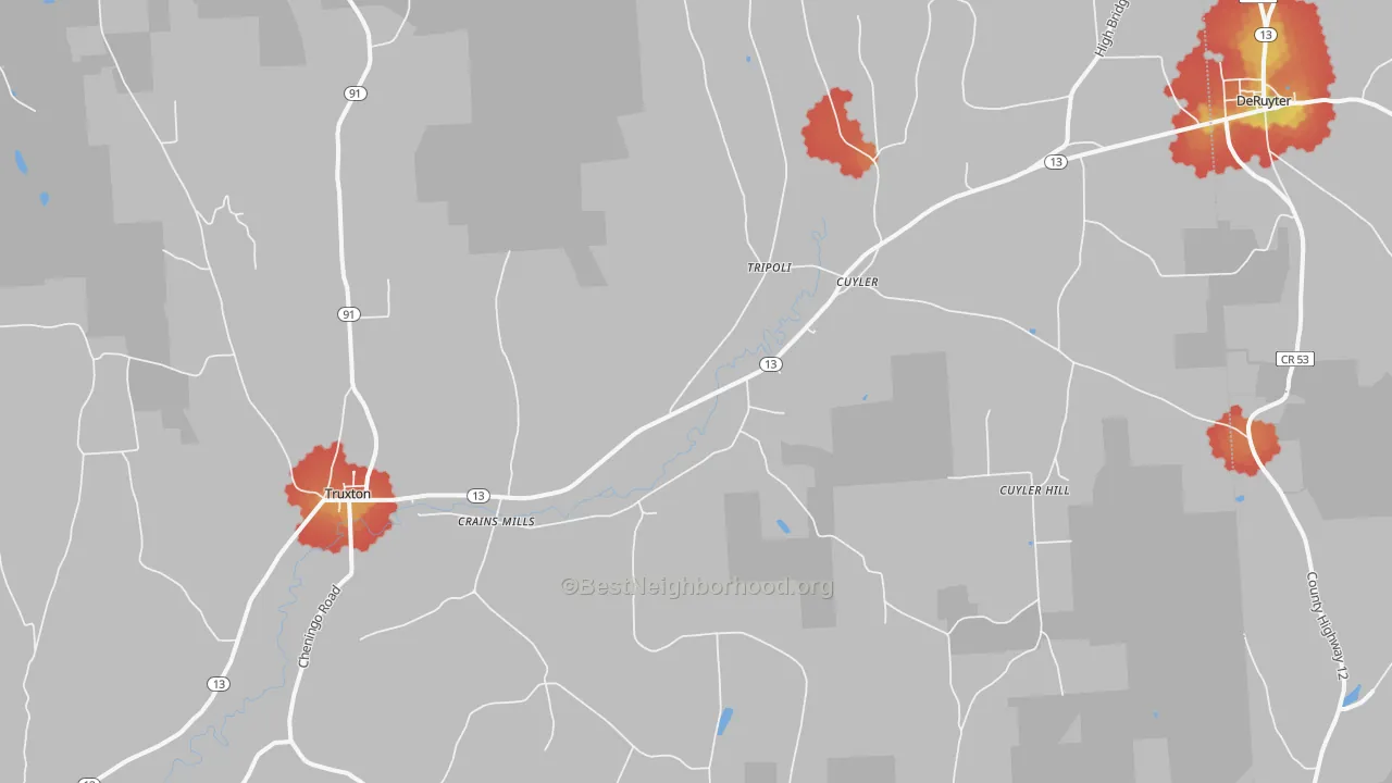 Walk Grade map of 13158, NY, walkable areas in green and car-dependent areas in red