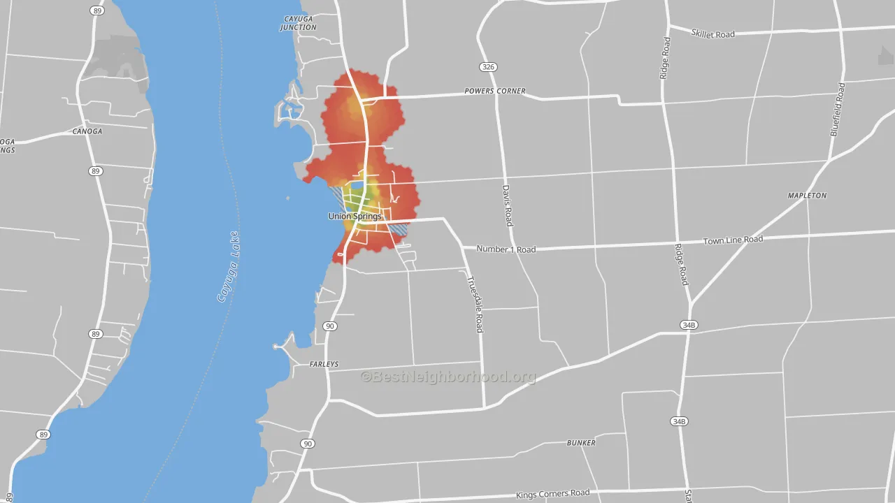Walk Grade map of 13160, NY, walkable areas in green and car-dependent areas in red