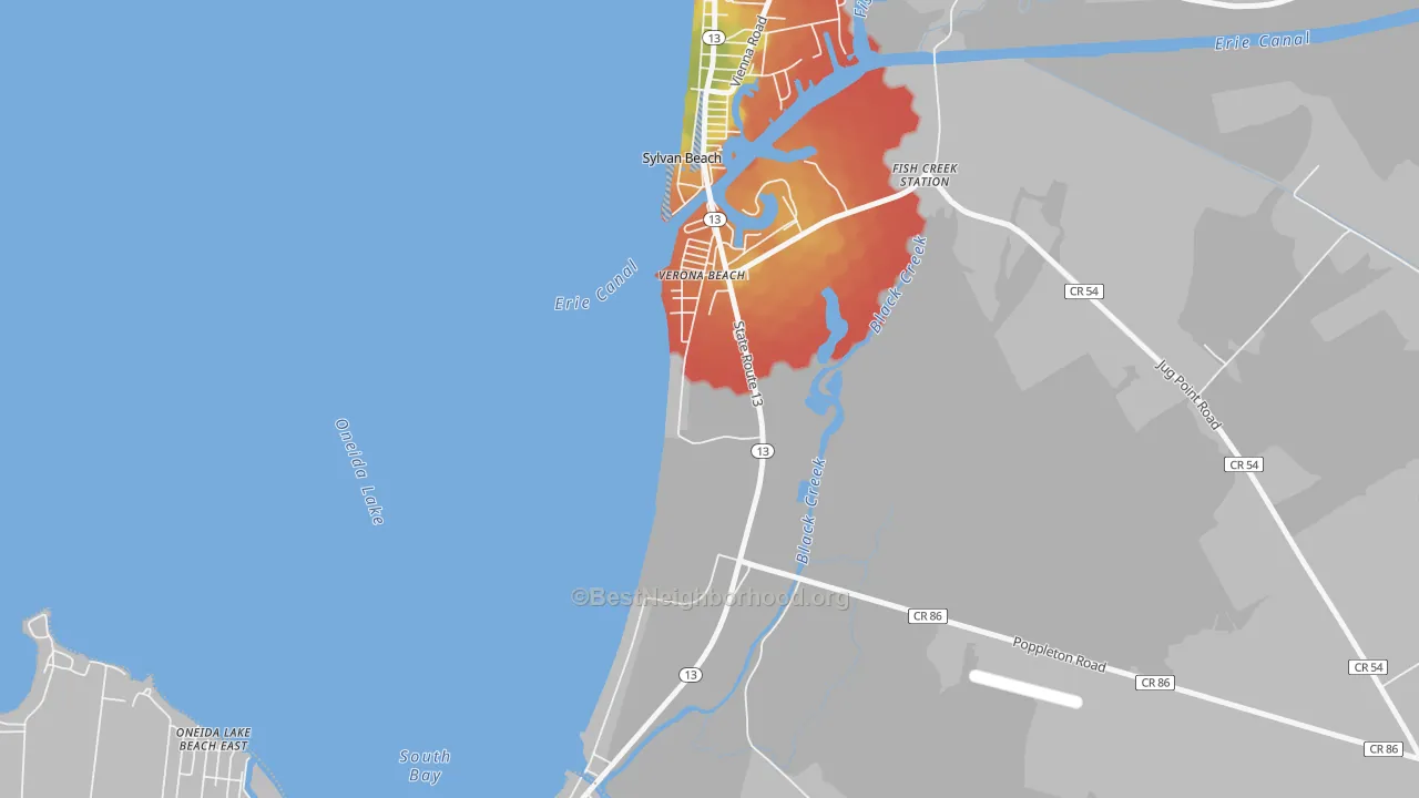 Walk Grade map of 13162, NY, walkable areas in green and car-dependent areas in red