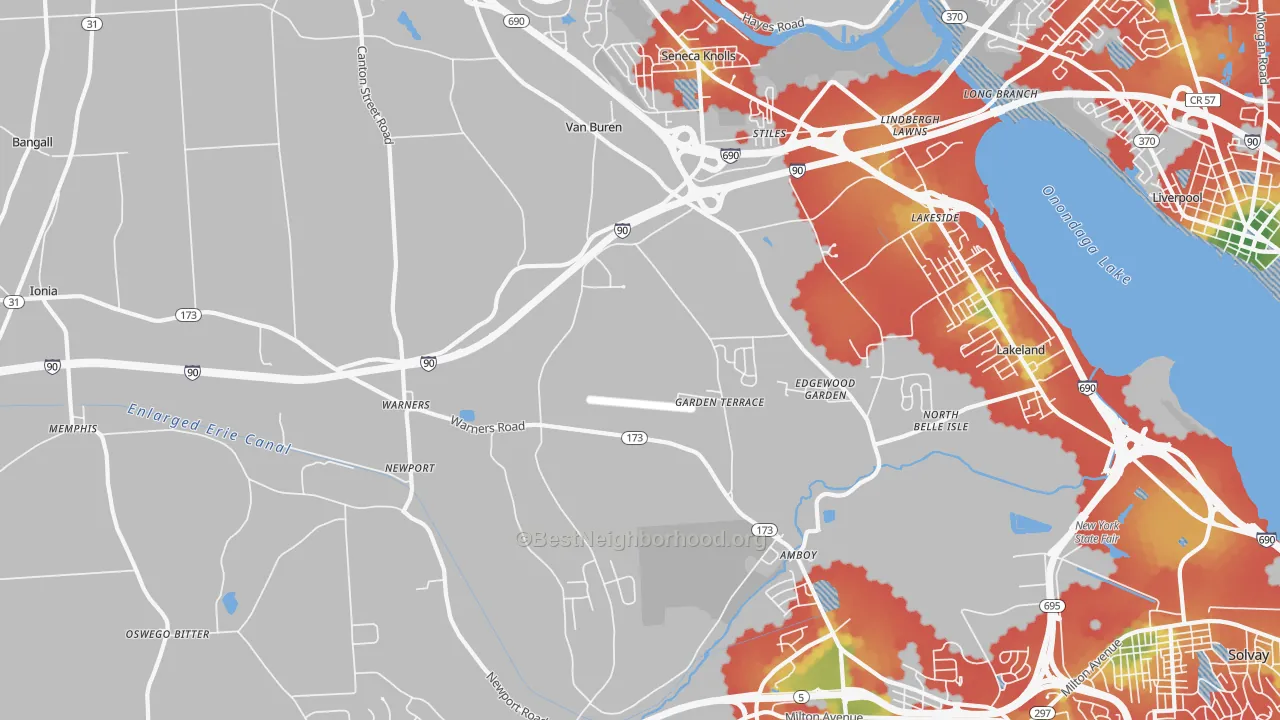 Walk Grade map of 13164, NY, walkable areas in green and car-dependent areas in red