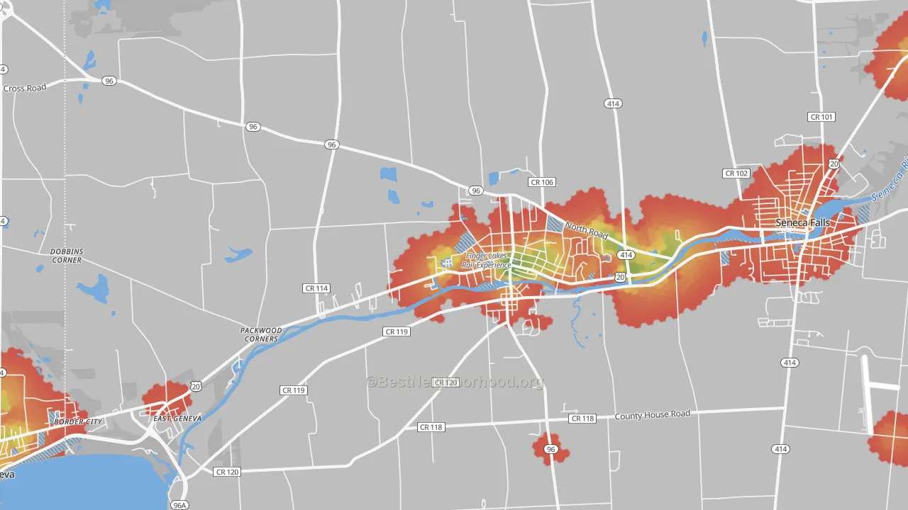 Walk Grade map of 13165, NY, walkable areas in green and car-dependent areas in red