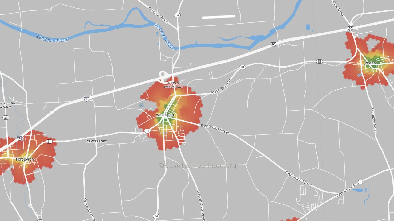 Walk Grade map of 13166, NY, walkable areas in green and car-dependent areas in red