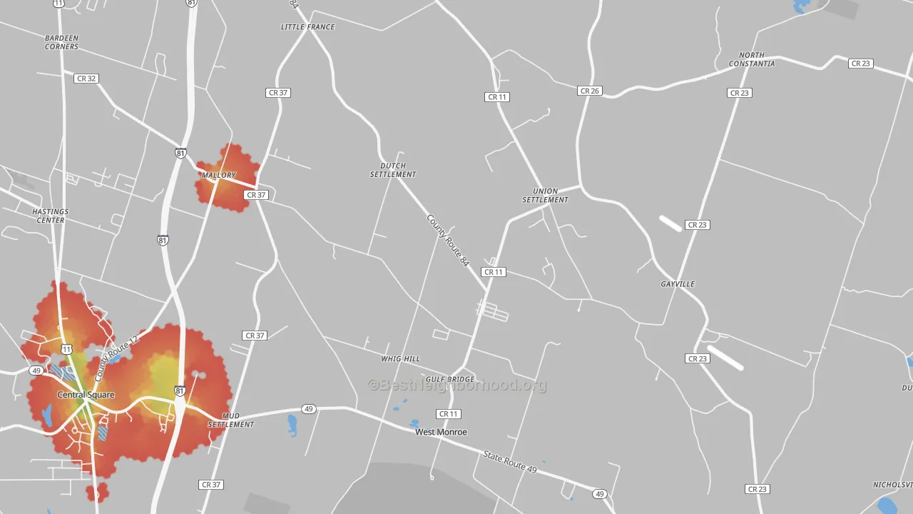 Walk Grade map of 13167, NY, walkable areas in green and car-dependent areas in red