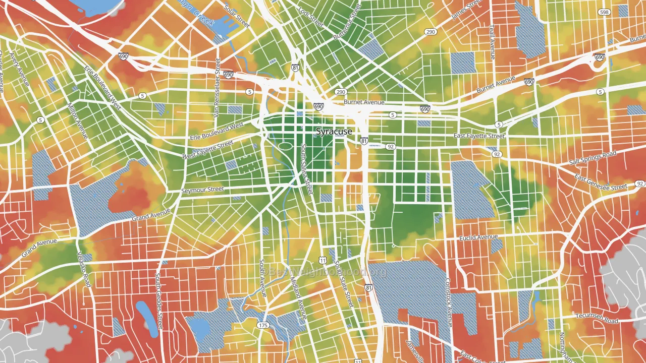 Walk Grade map of 13202, NY, walkable areas in green and car-dependent areas in red