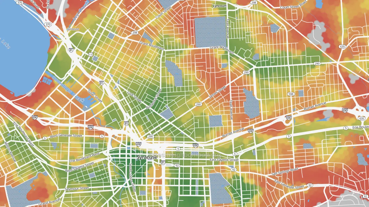 Walk Grade map of 13203, NY, walkable areas in green and car-dependent areas in red