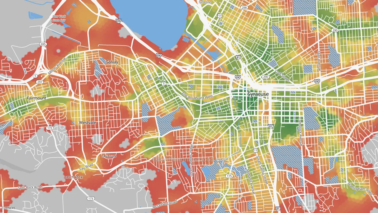 Walk Grade map of 13204, NY, walkable areas in green and car-dependent areas in red