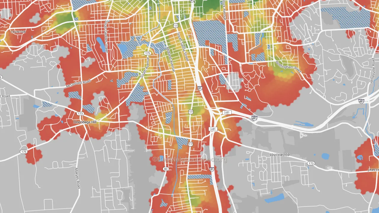 Walk Grade map of 13205, NY, walkable areas in green and car-dependent areas in red