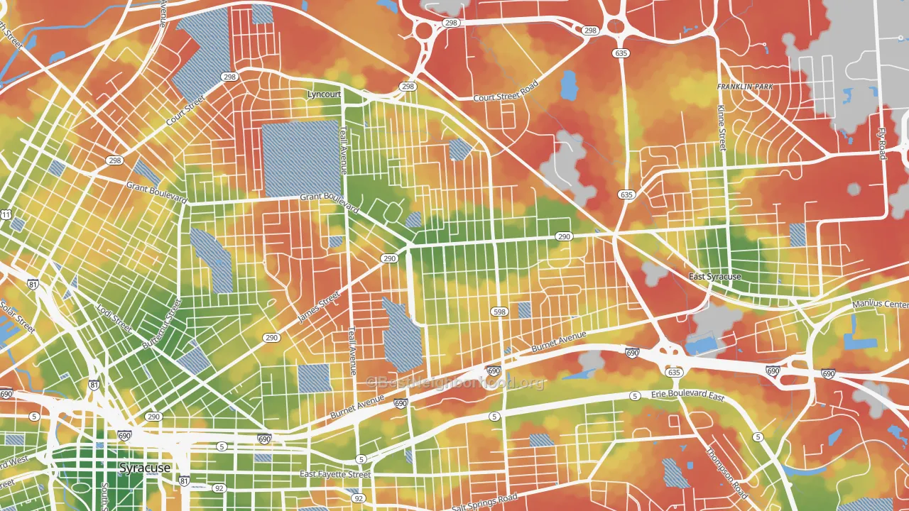 Walk Grade map of 13206, NY, walkable areas in green and car-dependent areas in red