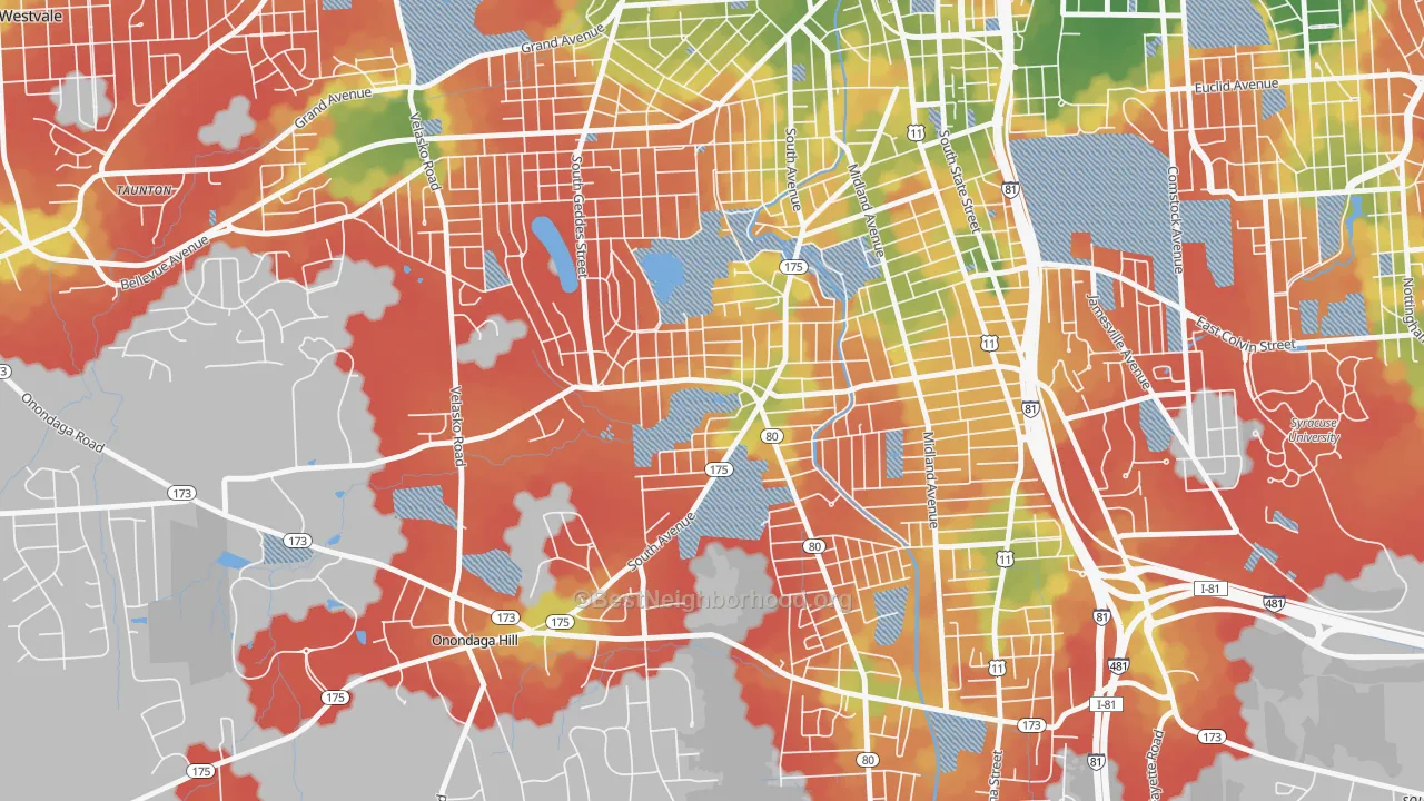 Walk Grade map of 13207, NY, walkable areas in green and car-dependent areas in red