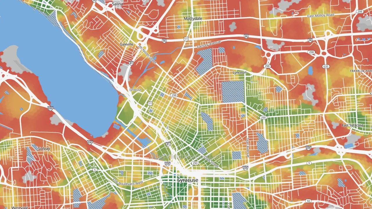 Walk Grade map of 13208, NY, walkable areas in green and car-dependent areas in red
