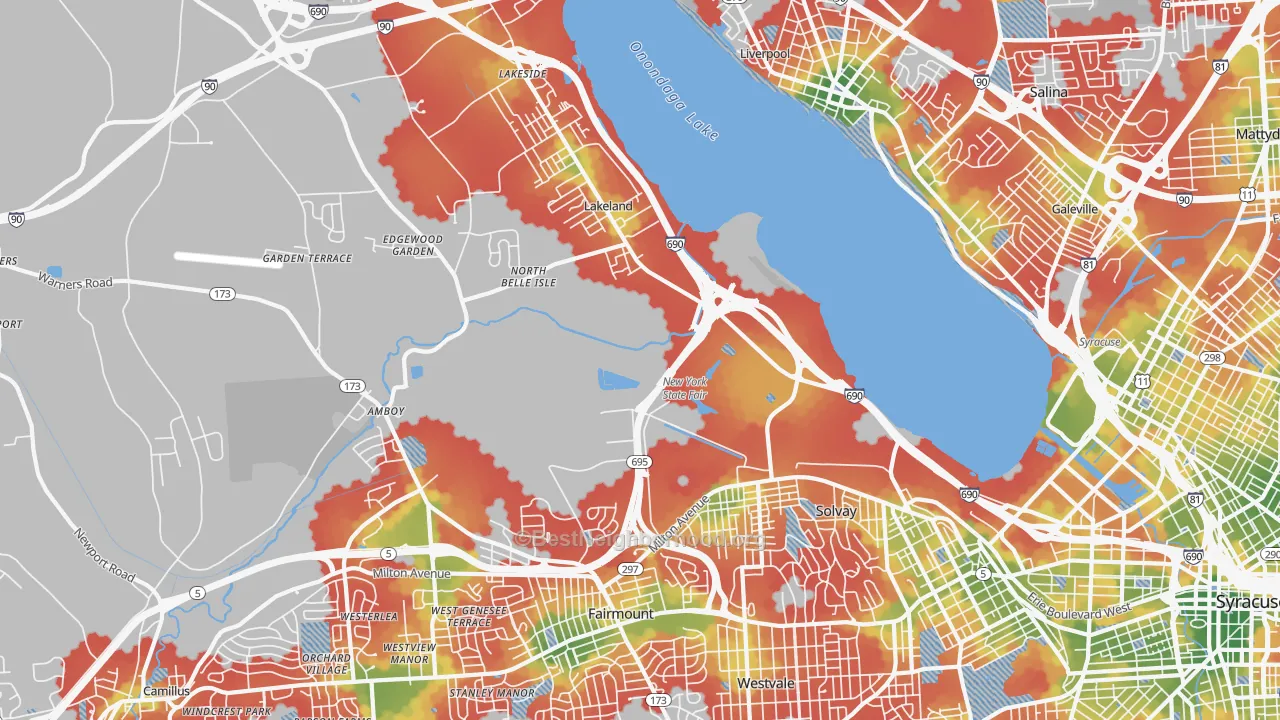 Walk Grade map of 13209, NY, walkable areas in green and car-dependent areas in red