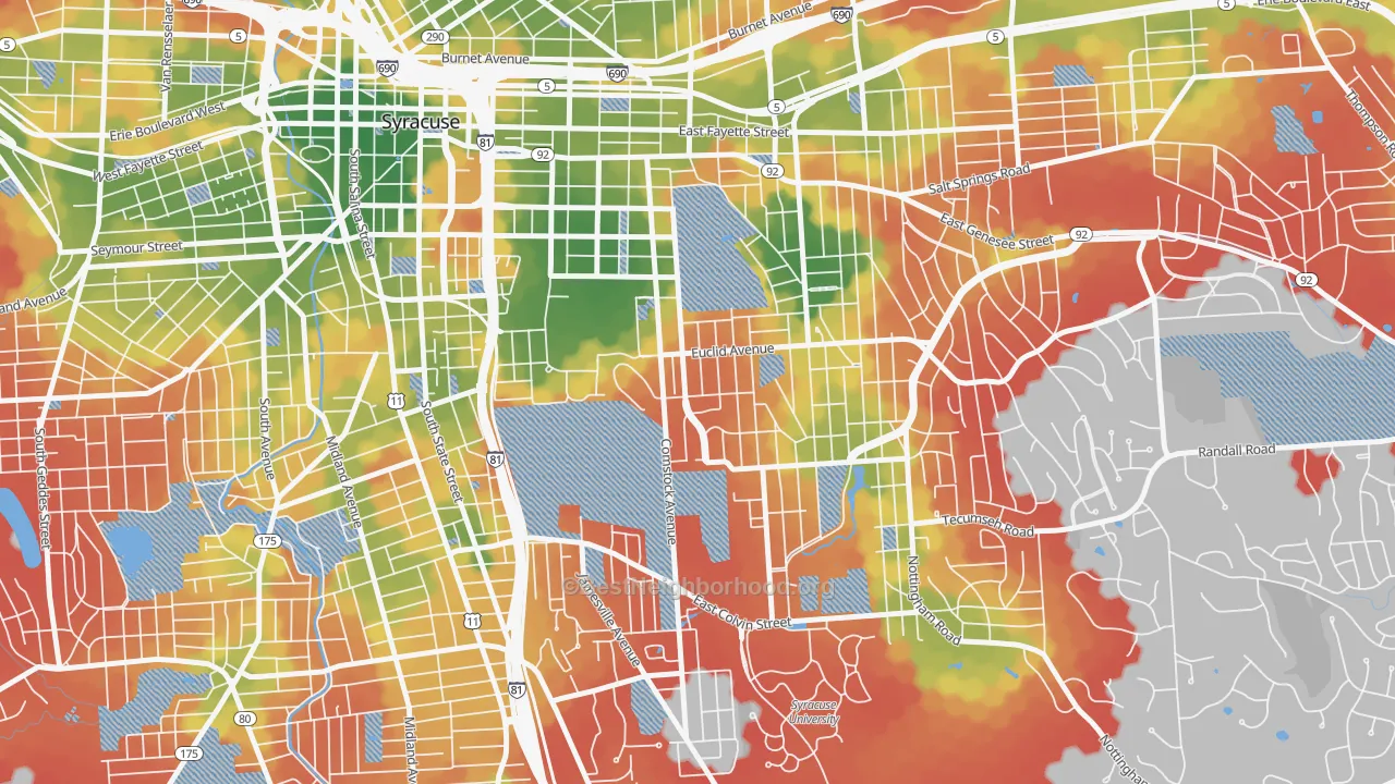 Walk Grade map of 13210, NY, walkable areas in green and car-dependent areas in red