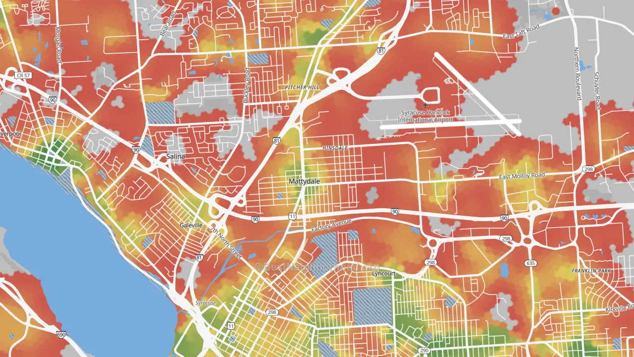 Walk Grade map of 13211, NY, walkable areas in green and car-dependent areas in red