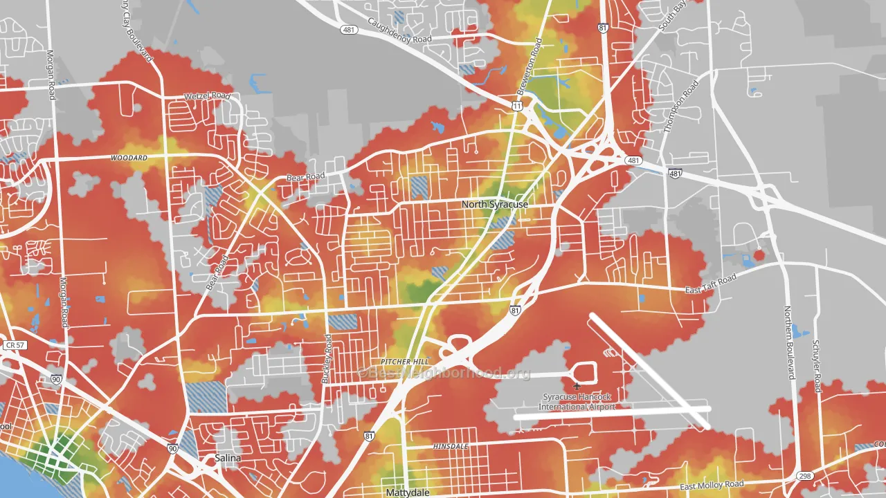 Walk Grade map of 13212, NY, walkable areas in green and car-dependent areas in red