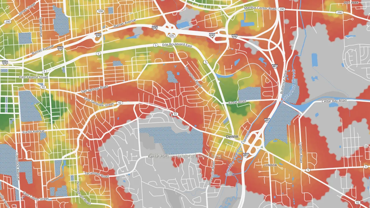 Walk Grade map of 13214, NY, walkable areas in green and car-dependent areas in red