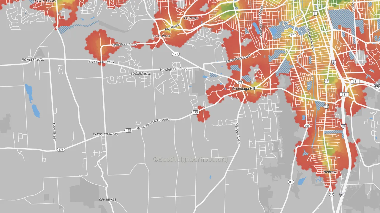 Walk Grade map of 13215, NY, walkable areas in green and car-dependent areas in red