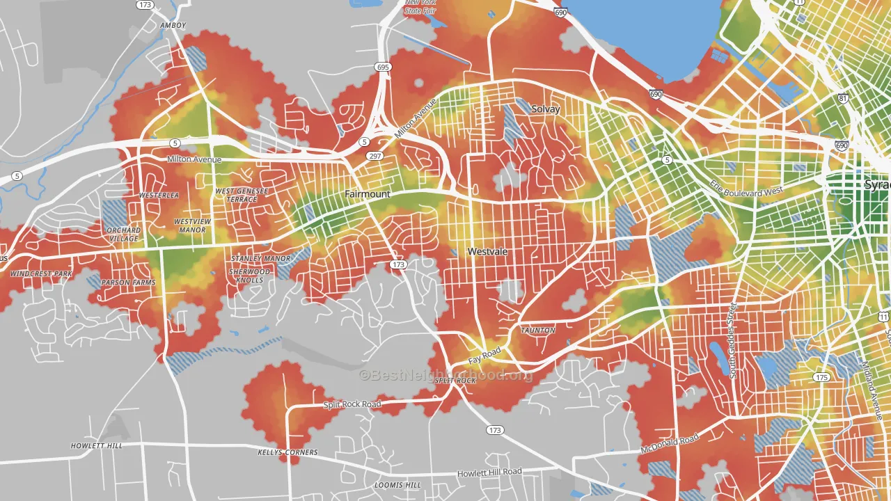 Walk Grade map of 13219, NY, walkable areas in green and car-dependent areas in red