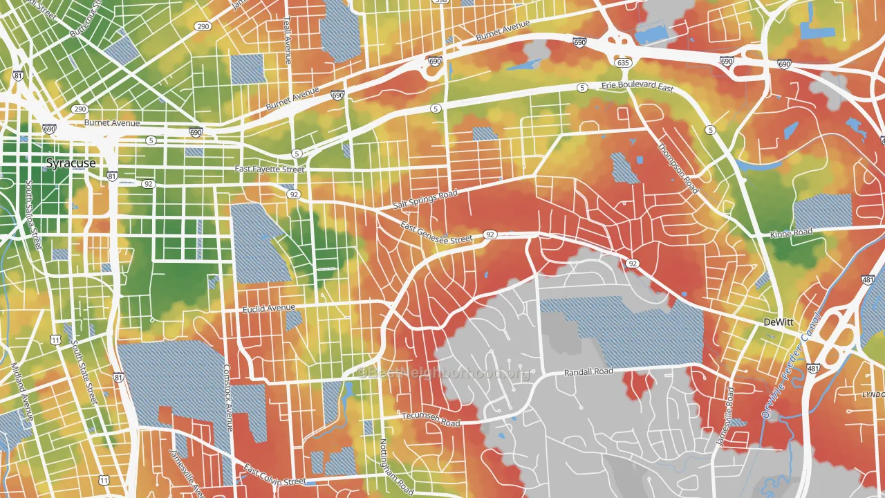 Walk Grade map of 13224, NY, walkable areas in green and car-dependent areas in red