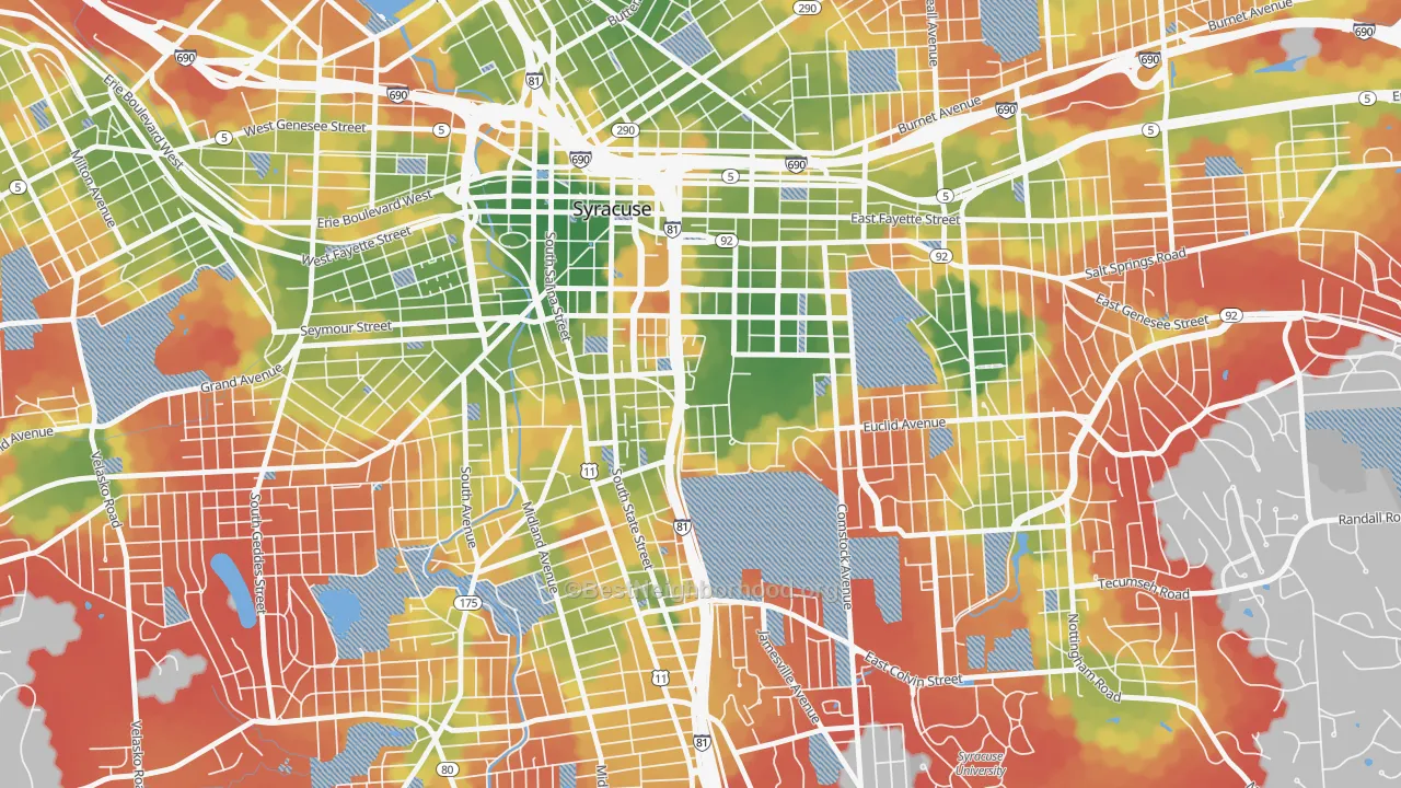 Walk Grade map of 13244, NY, walkable areas in green and car-dependent areas in red