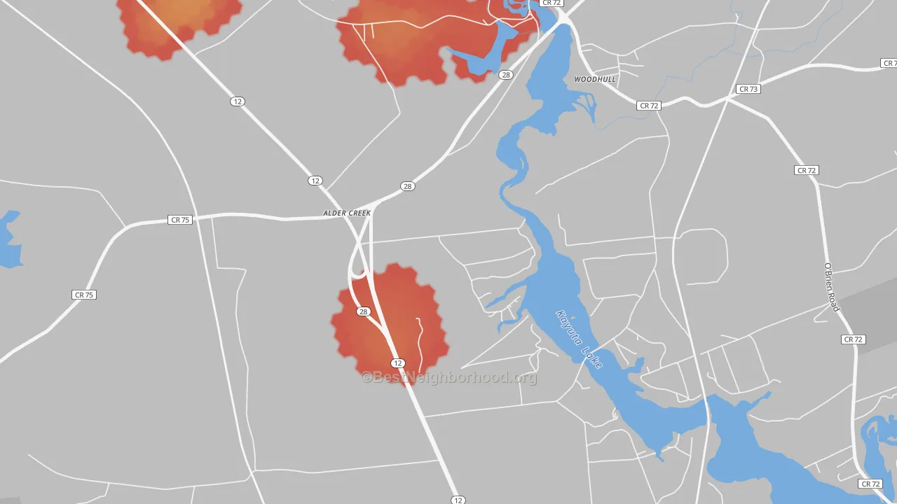 Walk Grade map of 13301, NY, walkable areas in green and car-dependent areas in red