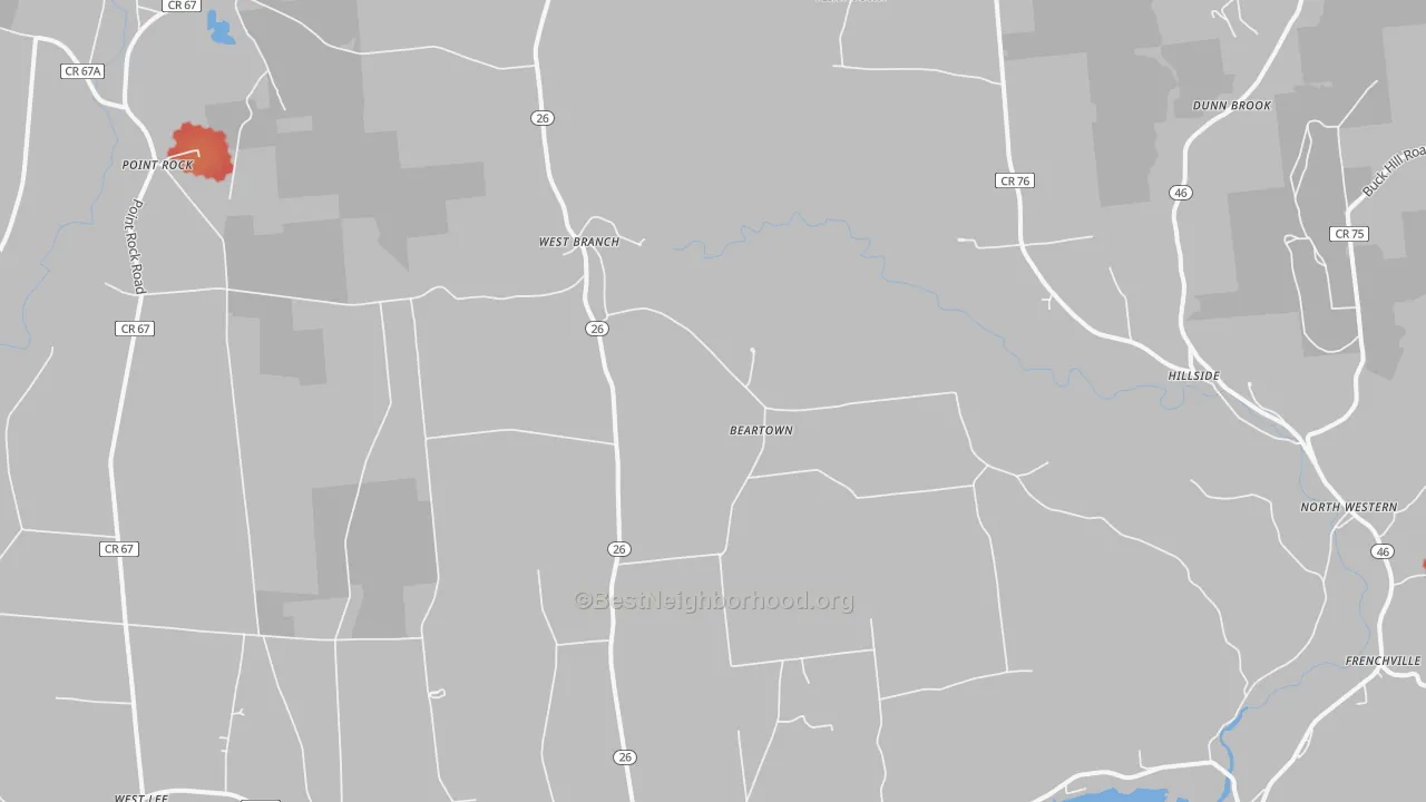 Walk Grade map of 13303, NY, walkable areas in green and car-dependent areas in red