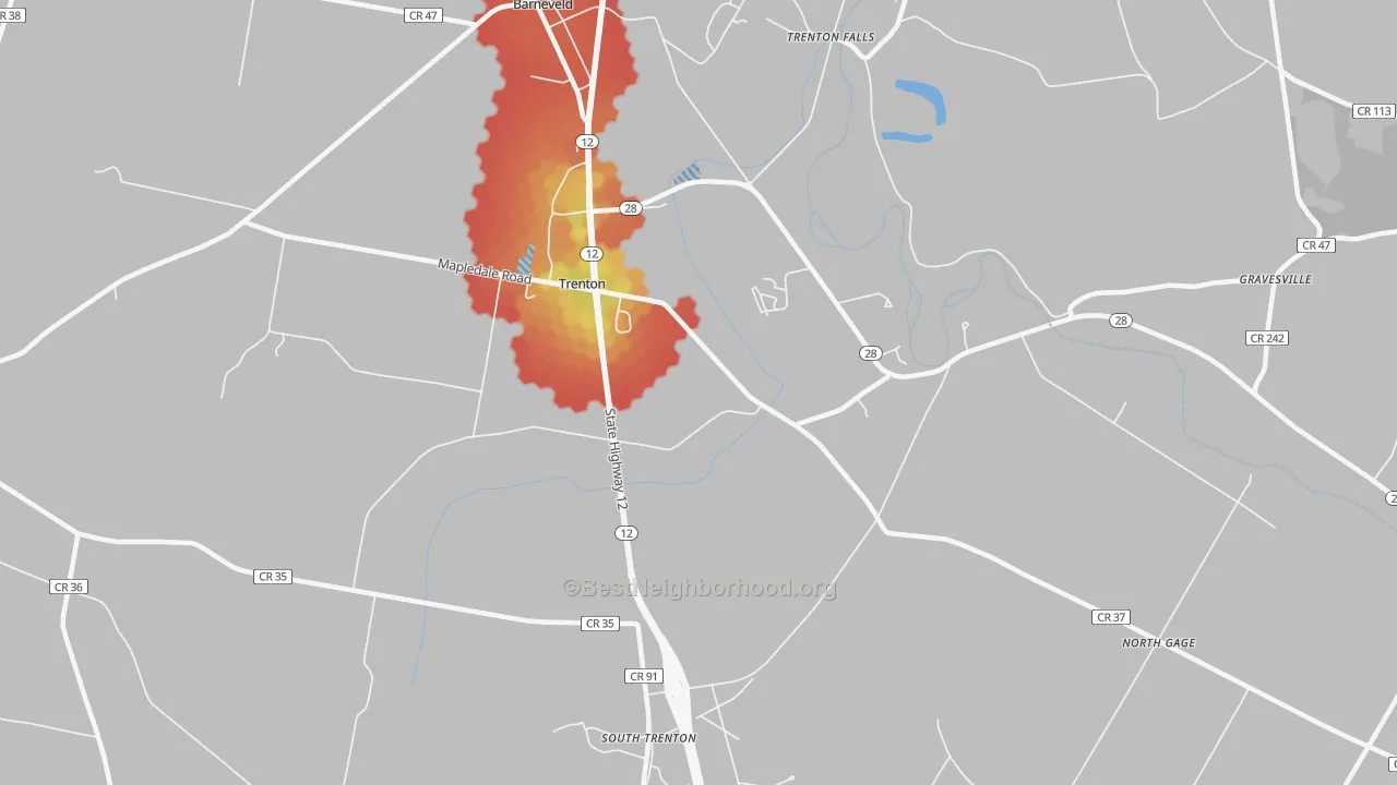 Walk Grade map of 13304, NY, walkable areas in green and car-dependent areas in red