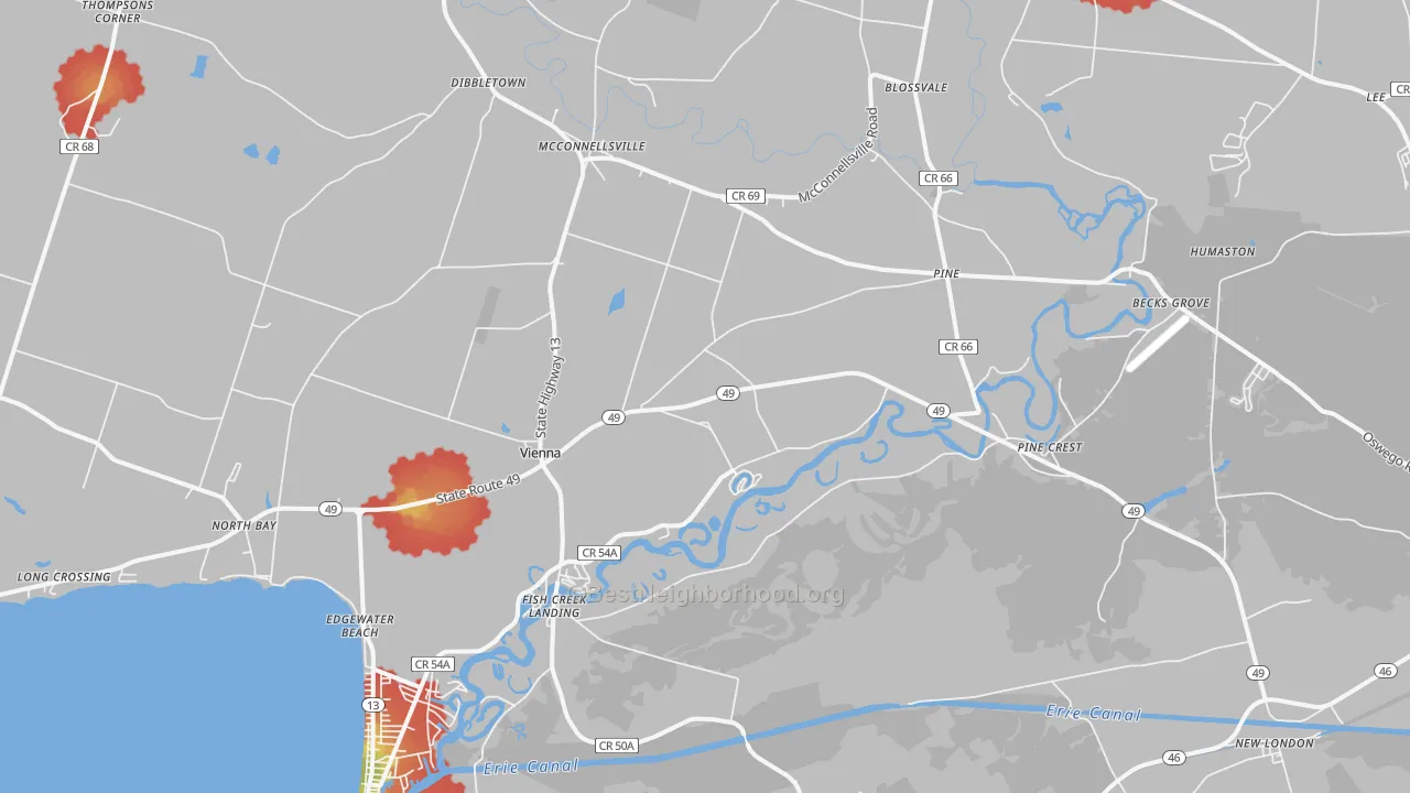 Walk Grade map of 13308, NY, walkable areas in green and car-dependent areas in red
