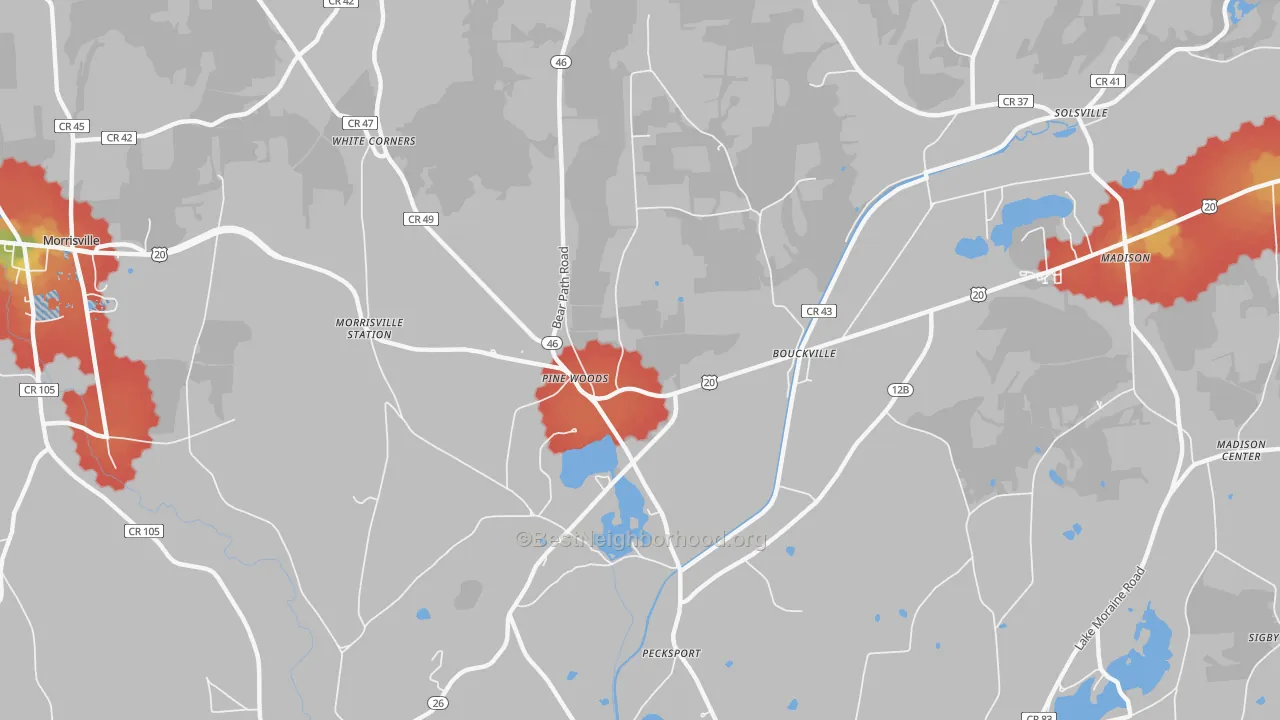 Walk Grade map of 13310, NY, walkable areas in green and car-dependent areas in red