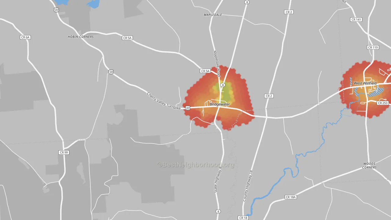 Walk Grade map of 13313, NY, walkable areas in green and car-dependent areas in red