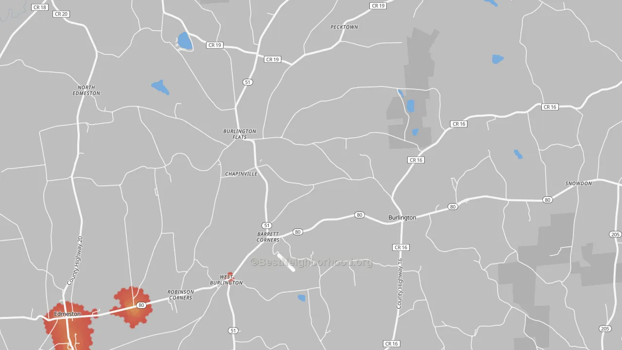 Walk Grade map of 13315, NY, walkable areas in green and car-dependent areas in red