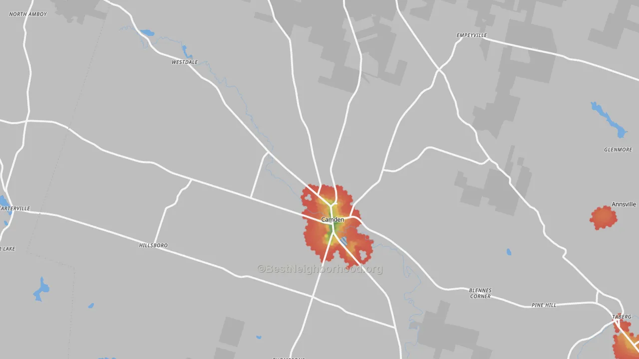 Walk Grade map of 13316, NY, walkable areas in green and car-dependent areas in red
