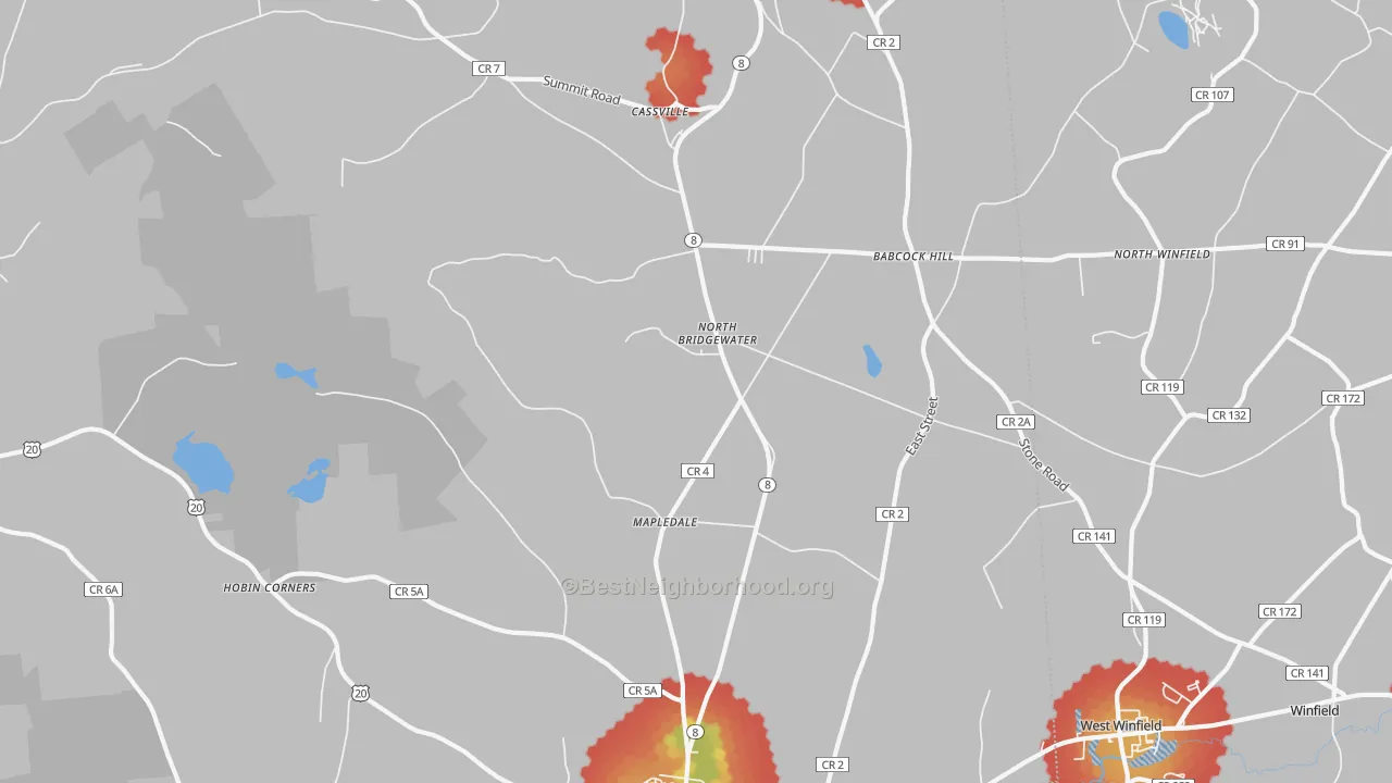 Walk Grade map of 13318, NY, walkable areas in green and car-dependent areas in red