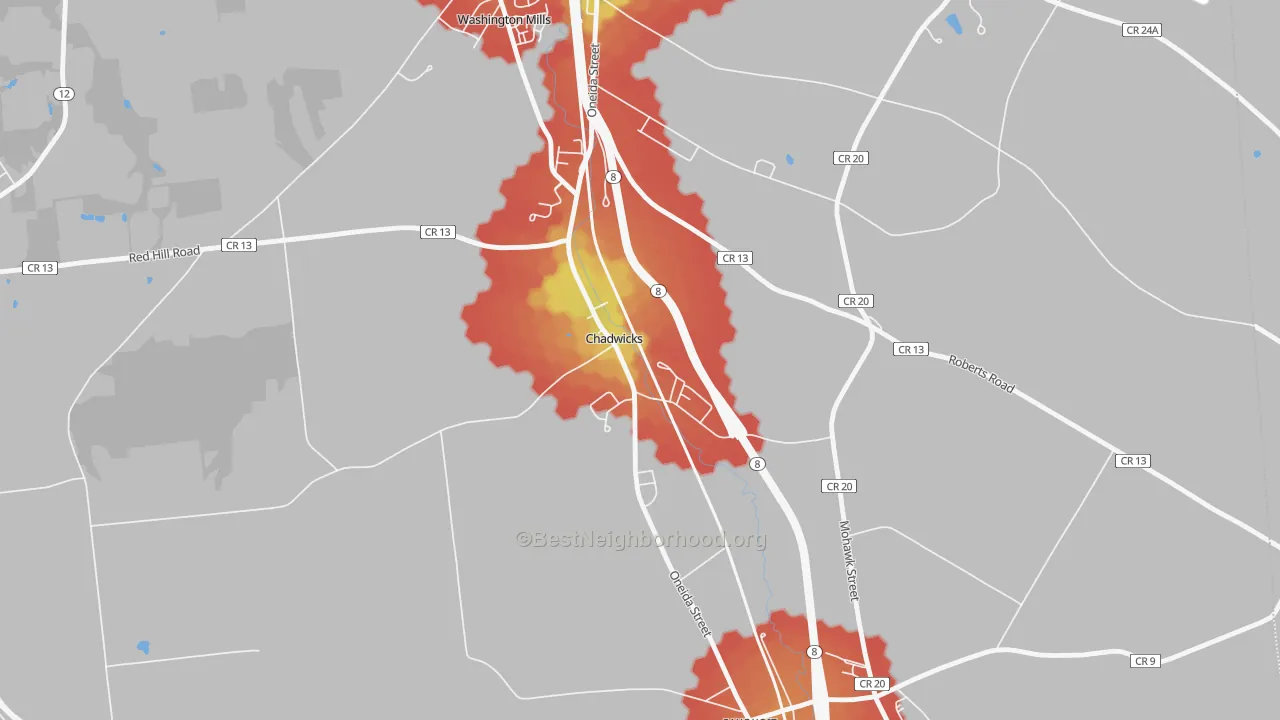 Walk Grade map of 13319, NY, walkable areas in green and car-dependent areas in red