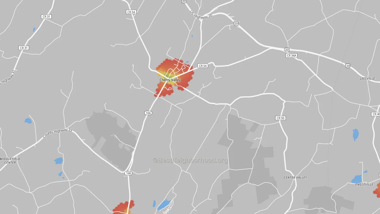 Walk Grade map of 13320, NY, walkable areas in green and car-dependent areas in red