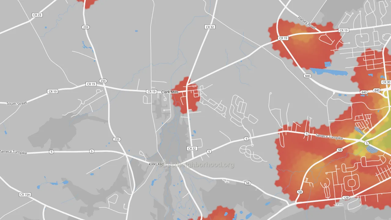 Walk Grade map of 13321, NY, walkable areas in green and car-dependent areas in red