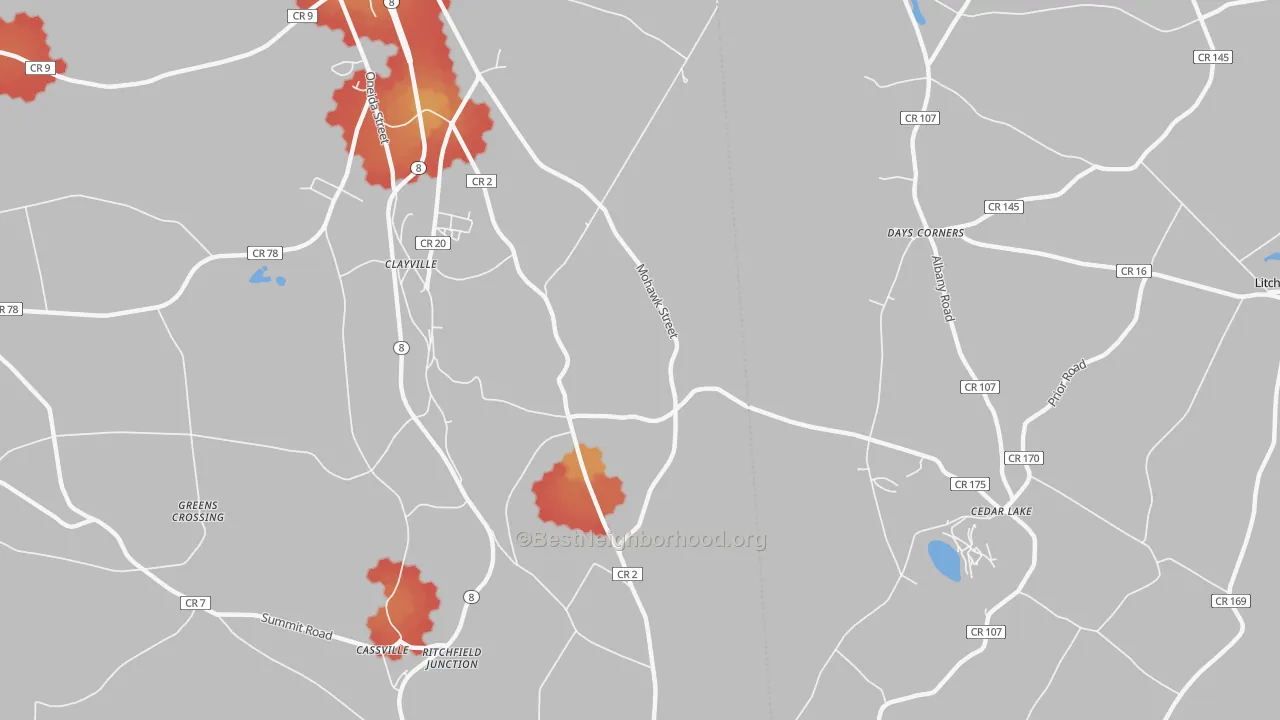 Walk Grade map of 13322, NY, walkable areas in green and car-dependent areas in red