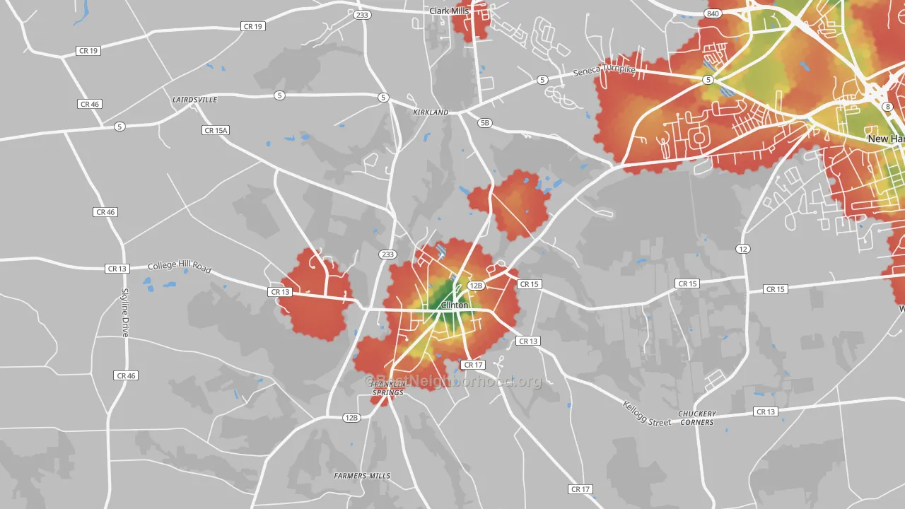 Walk Grade map of 13323, NY, walkable areas in green and car-dependent areas in red