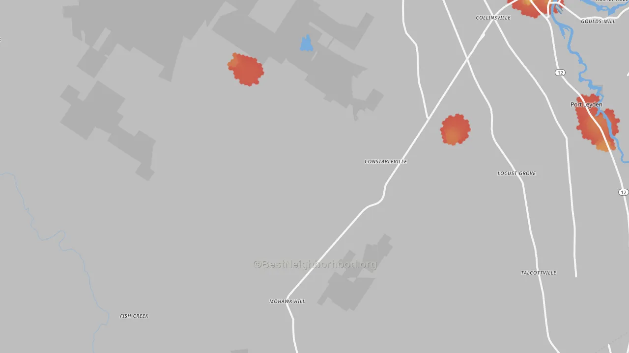 Walk Grade map of 13325, NY, walkable areas in green and car-dependent areas in red