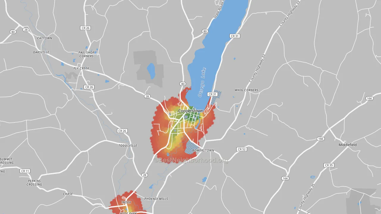 Walk Grade map of 13326, NY, walkable areas in green and car-dependent areas in red