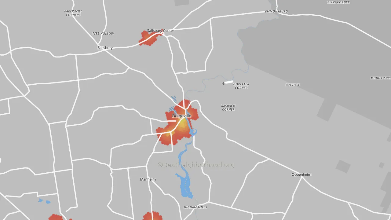 Walk Grade map of 13329, NY, walkable areas in green and car-dependent areas in red