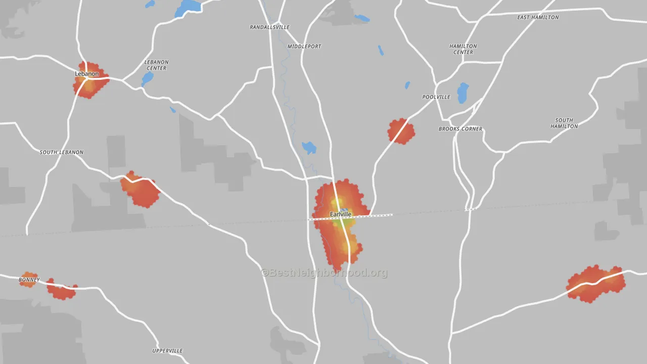 Walk Grade map of 13332, NY, walkable areas in green and car-dependent areas in red