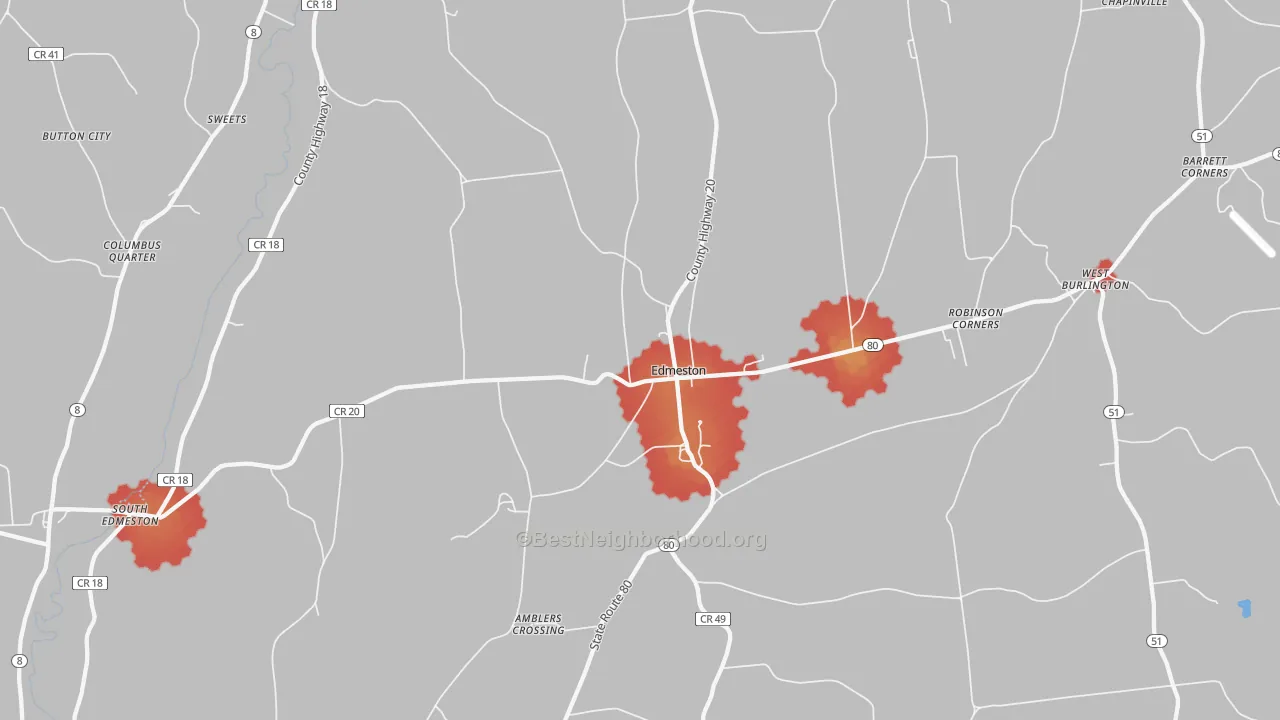 Walk Grade map of 13335, NY, walkable areas in green and car-dependent areas in red
