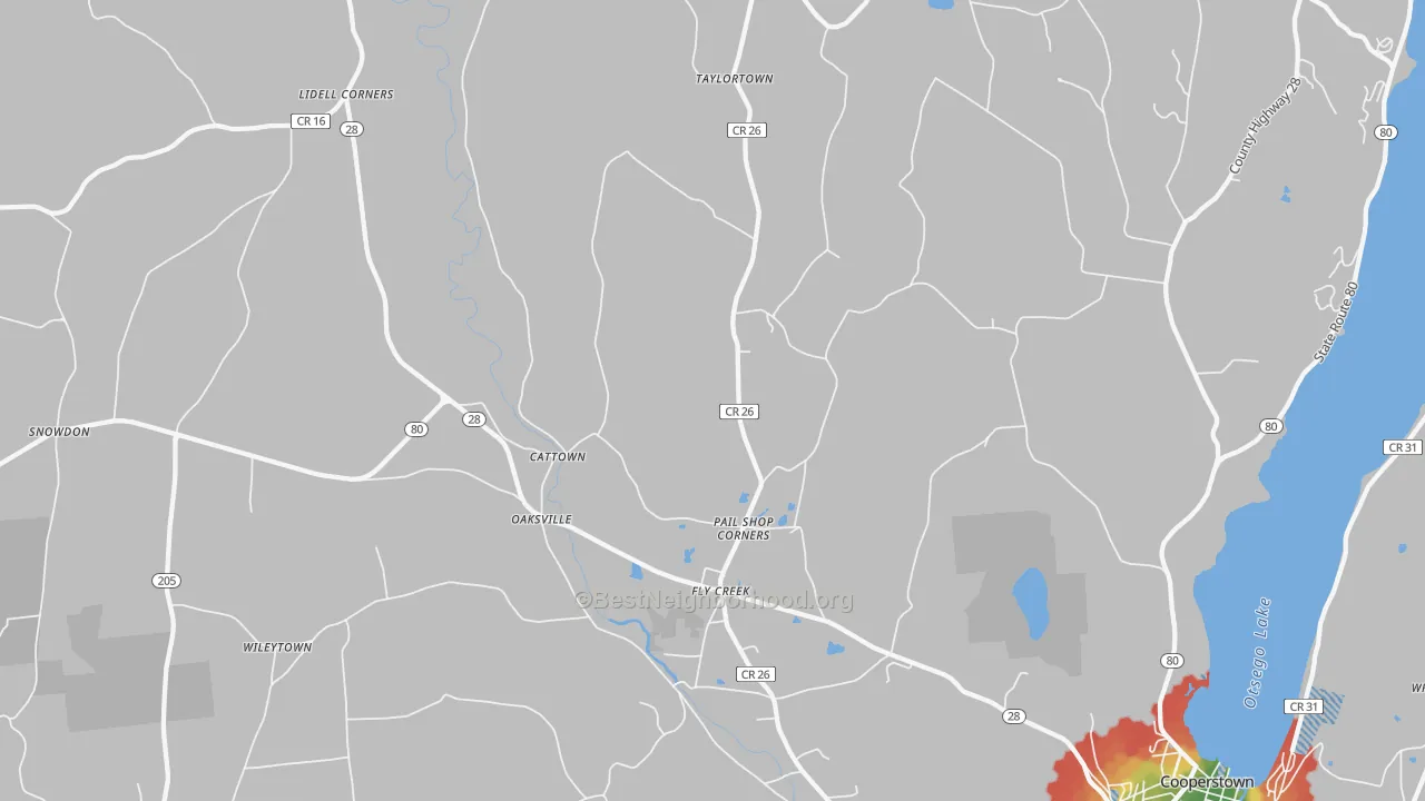 Walk Grade map of 13337, NY, walkable areas in green and car-dependent areas in red